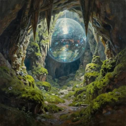 futuristic disco in a mossy dripstone cave. oil painting by award - winning concept artist. backlighting, chiaroscuro, field of depth.