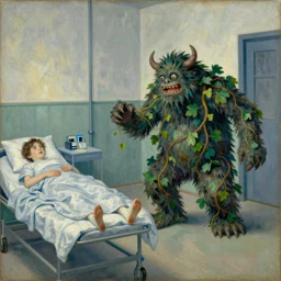 vintage beautiful painting of a vine monster chasing innocent scared patients in a sanatorium in Mary Cassatt style