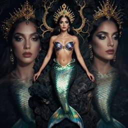 portrait of mermaid, zoom, rule of thirds, atmosphere, intricate, vogue, regal, latinas, symmetrical!!, makeup, loreal, maybelline, sephora, loreal, artstation, art by artgerm and gonzalo ordonez arias, moody, concept art, filmic, vsco