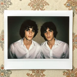 an instant photo of two beautiful but sinister young men wearing oxford shirts in layers of fear, with haunted eyes and dark hair, 1 9 7 0 s, seventies, wallpaper, a little blood, morning light showing injuries, delicate embellishments, painterly, offset printing technique, by brom, robert henri, walter popp