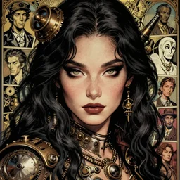 portrait illustration of a steampunk nightwitch. beautiful feminin face, almond upturned eyes. dark long wavy hair. detailed, art nouveau, pop art, comic book style. influenced by neil gaiman, h. p. lovecraft, templierpainter, dos santos, jason chan, voitv, eyardt, marta nael.