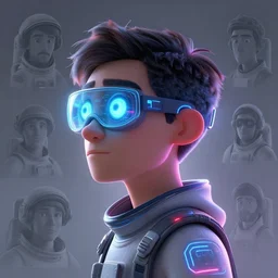 pixar character backlit side view future coder man, stylized cyclops display over eyes and sleek glowing headset, neon accents, holographic colors, desaturated headshot portrait digital painting by leyendecker, donato giancola, philip coles, ivan bilibin, john berkey, astronaut cyberpunk electric lights profile