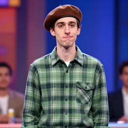 pic professional digital art of a thin guy with a big nose and an overbite wearing a brown beret and a palid green plaid shirt stand up participating on a tv show, best on artstation, cgsociety, wlop, Behance, pixiv, astonishing, impressive, outstanding, epic, cinematic, stunning, gorgeous, much detail, much wow, masterpiece