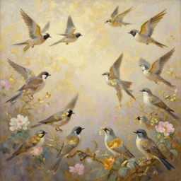 a beautiful oil painting of flock of birds, flowers, gilded gold, 4 k unreal engine renders, ultra - wide angle, by victo ngai, jen yoon, geof darrow, peter mohrbacher, johfra bosschart, thomas kinkade, miho hirano, hd, pastel color scheme