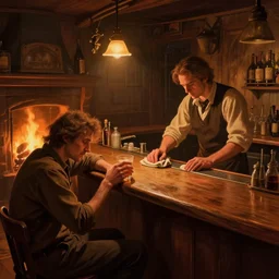 dimly - lit, intimate bar scene. a fireplace is lit for warmth. a single exhausted patron remains, finishing one last drink before the bar closes for the night. the barkeep is diligently scrubbing the countertop with a well - used rag. warm, comforting color scheme. highly - detailed, critically - acclaimed whimsical fantasy digital art. wide - angle shot. classic americana art