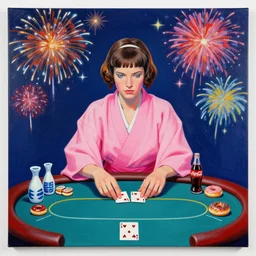 single man in a pink kimono, sitting at an extremely detailed poker table with the detailed princess leia, sake, coca cola, donuts, on the table, fireworks and stars on the background, by andy warhol, canvas, acrylic paint, cool color palette, masterpiece, 4 k, ultra - hd