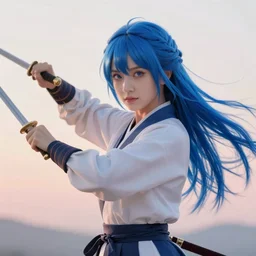 highly detailed beautiful photo of a madison beer as a young female samurai. practising sword stances, symmetrical face, beautiful eyes, cobalt blue hair, realistic, 8 k, award winning photo, pastels colours, action photography, 1 / 1 2 5 shutter speed, sunrise lighting,