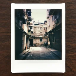 atmospheric Polaroid photograph of the interior of Kowloon Walled city