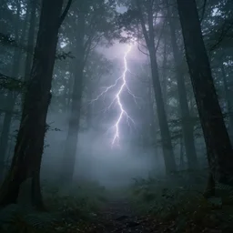 surreal magical aura forest with fog, wisps and gloomy lightning