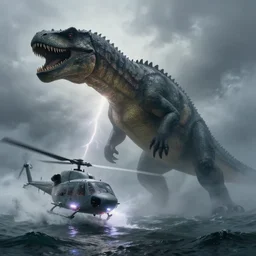 cinematic shot epic portrait an giant reptile in the ocean attacking an helicopter, foggy, storm, lighting strike, motion blur, broad light, ambient occlusion, volumetric light effect, made by ivan aivazovsky, peter mohrbacher, greg rutkowski, matte painting, trending on artstation, 4 k, perfectly defined features, digital painting, cinematic, epic, highly detailed,