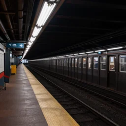 an empty subway platform in new york city, 3d, photorealistic, octane render, detailed, overhead fluorescent lighting, cinematic, atmospheric