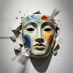 ceramic face sculpture smashing against a wall, high speed photography, fast shutter, dramatic lighting, sharp focus, colorful