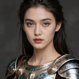 close - up portrait of beautiful young woman dressed gladiator with metallic armor, art by alexander mcqueen