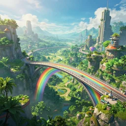 incredible, crossing a mindblowingly beautiful rainbow bridge, matte painting, artstation, solarpunk metropolis, cgsociety, dramatic lighting, vibrant greenery, concept art, octane render, arnold 3 d render