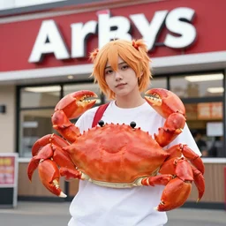 cosplayer dressed like a crab, in 2 0 1 8, at an arbys, crabcore, royalcore, low - light photograph, photography by tyler mitchell
