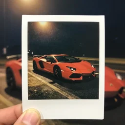 “Polaroid shot of red : lamborghini car under street light, rainy day, nighttime”