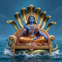 vishnu sitting on adishesha, a cobra with many heads and a couch, floating across the cosmic ocean, digital art, octane render, highly detailed, intricate, by android jones