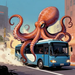 giant octopus attacking bus, digital art, richard corben style