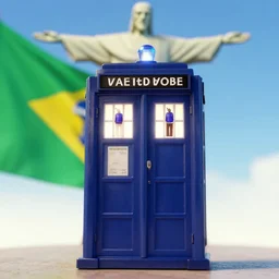 Tenth Doctor in Brazil, TARDIS, Brazilian flag, Christ the Redeemer in the background