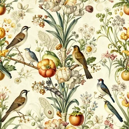 vintage illustration pattern, bizarre compositions, blend of flowers, fruits, birds by beto val, john james audubon, exquisite detail