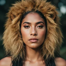 beautiful female portrait, taino, ( ( head shot ) ) haze, ( lion ), neo classic, 5 0 mm, sony, puerto rico, symmetrial, face, makeup, sephora, shades, octane render, vouge, national geographic, maybelline, model, gorgeous, traditional, film grain, vsco, bokeh, 8 k, unreal engine