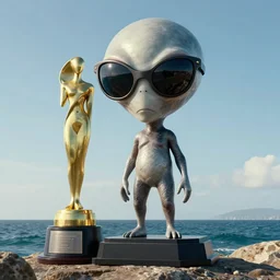 a long shot of a giant award winning sculpture of an alien wearing futuristic sunglasses on the ocean, in the style of chad knight, hyper detailed, hyper realistic, ray tracing, 8 k resolution, sharp focus
