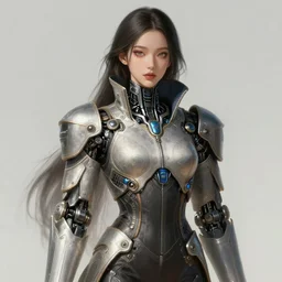 cyborg Korean female wearing heavy techwear jacket, intricate, elegant, highly detailed, digital painting, artstation, concept art, smooth, sharp focus, illustration, art by artgerm and greg rutkowski and alphonse mucha
