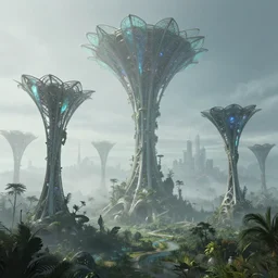 a futuristic image of an alien swampland with gigantic sail shaped tower with fractal shapes and glass turbine blades, by James clyne, foggy, cyberpunk city in the distance, iridescent, artstation, CG society