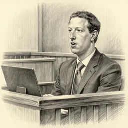 courtroom sketch of mark zuckerburg being found guilty of crimes against humanity, courtroom sketch, pencil sketch