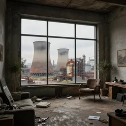 an open - plan loft apartment with a panoramic view of a grim industrial landscape of cooling towers and rusted silos. inside, the apartment is fancy but filled with mess. extreme detail, artstation trending, artgerm, deviant art, octane, substance, art history 8 k