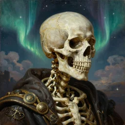 a detailed profile oil painting of skelleton, bounty hunter portrait symmetrica, aurora lighting clouds and stars by beksinski carl spitzweg and tuomas korpi. baroque elements. baroque element. intricate artwork by moebius. Trending on artstation. 8k