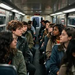 Medium shot of a group of friends talking in the middle of a crowded car in the New York metro, cinematic, 4k, thriller