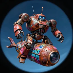 memorable animation key shot, fish eye lens, climbing up the rusty crab robot submarine schwerer gustav!!!! covered in bold grafitti, midnight, lanterns, paint drip, colorful murals, studio ghibli, pixar, disney concept art watercolor illustration by craig mullins, dean cornwell, nc wyeth, satoshi kon!