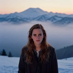 portrait of emma watson, tarkovsky, film grain, kodachrome, dense snowy mountains, long hair, cloth, heavy fog, hudson river school, 4 k, dramatic lighting, sunrise, hayao miyazaki, masashi ando, nizou yamamoto, kazuo oga, joe hisaishi, yoji takeshige, naoya tanaka
