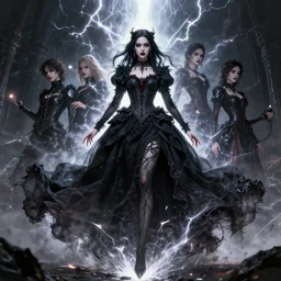 character design by james jean, ruan jia, ilya kuvshinov, martine johanna, jakub rebelka ( ( ( portrait of gothic girl in seductive luxurious flowy tornado dress ) ) ) emerging from lighting and powerful thunder, sharp edges. ultra detailed, majestic, intricate,