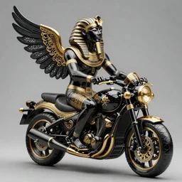 fine art statue of masculine black egyptian man on a surrealist motorcycle, ebony art deco, carved black marble, inlaid with ebony and gold accents, ebony rococo, wings black lace wear, spider zero, zaha hadid, beautifully lit, hyper detailed, intricate, elite, ornate, photorealistic, micro details, 3 d sculpture, ray trace