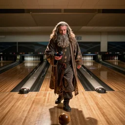 a still of Gandalf Bowling as the dude from the movie the big Lebowski
