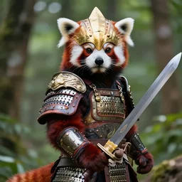 photo of a humanoid red panda dressed in armor with a golden helmet on the head, hold sword in the forest