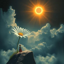 giant white daisy flower blooming over head, girl standing on cliff, surreal photography, solar eclipse, stars, dramatic light, impressionist painting, clouds, digital painting, artstation, james gilleard, liam wong, jeremy mann, simon stalenhag