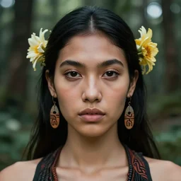 beautiful portrait, ( ( head shot ) ), taino, sharp focus, ffxiv, neo classic, bloom, movie still, symmetrical!, makeup, sephora, loreal, art by karol bak, artstation, art by ross draws, studio light, ( ( face ) ) maybelline, model, skin care, forest, vsco, bokeh