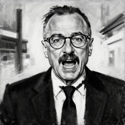saul goodman with glasses and a mustache, screaming, black and white painting by phil hale, fransico goya, david lynch,'action lines '!!!, graphic style, visible brushstrokes, motion blur, blurry in omaha, nebraska