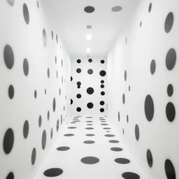 a white corridor with a giant polka dot pattern on the walls