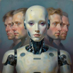 friendly humanoid cyber robot, award winning, portrait bust, symmetry, faded colors, cypherpunk background, tim hildebrandt, wayne barlowe, bruce pennington, donato giancola, larry elmore, masterpiece, trending on artstation, cinematic composition, beautiful lighting, hyper detailed!!!, 8 k, oil on canvas, dreamy