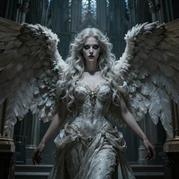 an ultradetailed portrait of a gorgerous female fantasy angel, gothic cathedral church, by alex ross, artgerm and wlop, dramatic lighting, moody, directional lighting, cool beauty, spooky, mystery, cold eyes, volumetric lighting :. 3, trending on pixiv and pinterest