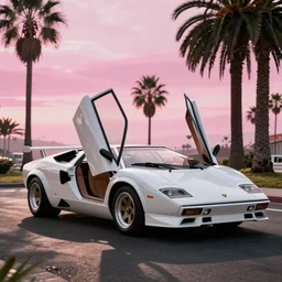 a white lamborghini countach with open doors. palm trees and pink sky in the background. art by krzysztof tanajewski
