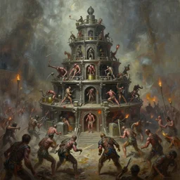 oil paint of 1 1 medical gangrene machines in tiers, insane speed of dethroning melee, battle pit, by wayne d barlowe, boris vallejo, stefano tamburini, torch light, muted colors, epic, hyper detailed, awe inspiring, award winning horror, hyper realism, cinematic