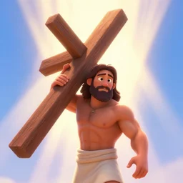 shia labeouf as a muscular jesus caring a giant wooden cross over his head, power lifter, holy rays of spiritual light, worship, pixar style, shaded lighting poster by magali villeneuve, artgerm, jeremy lipkin and michael garmash, rob rey and kentaro miura style, trending on art station