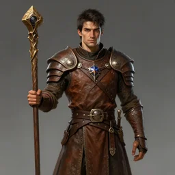 realistic portrait, 30 year old man, dark taint :: athletic, fantasy mage, medieval leather armour, brown clothes, wooden staff :: high detail, digital art, RPG, concept art, illustration