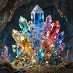 colorful crystal cluster cave, studio ghibli, pixar and disney animation, sharp, rendered in unreal engine 5, highly detailed, digital painting, artstation, concept art, smooth, sharp focus, illustration, wide angle, artbook, wallpaper, splash art, promo art, dramatic lighting, art by artgerm and greg rutkowski and bo chen and jin xiaodi