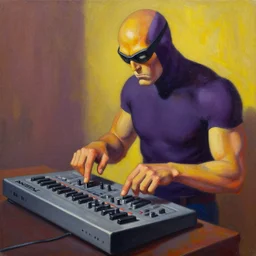 cyclops (from x-men) finger drumming on an Akai MPC 2000XL, painting by Toni Toscani, oil on canvas